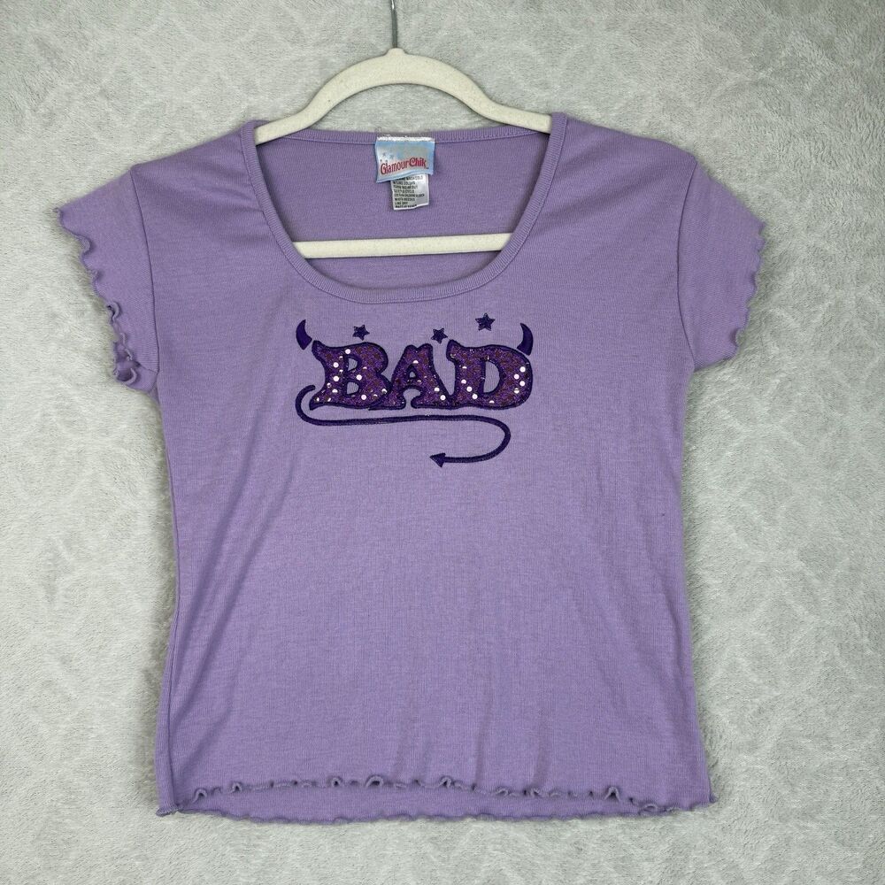 Y2K Baby Tee Womens XS/S Purple Bad Devil Horns Sequin Baddie Mallcore Grunge